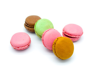 macarons isolated on white background, sweet colorful macarons in row