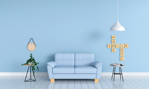 blue sofa in living room, 3D rendering
