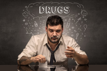 Loser drunk man with drinking, drug, hangover, alcoholic drugs concept
