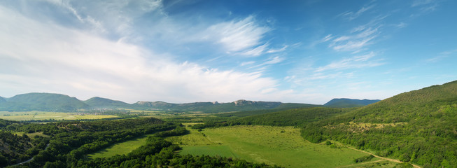 Aerial fields and meadow panorama