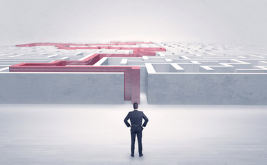 Businessman getting ready to enter the labyrinth with stated road concept
