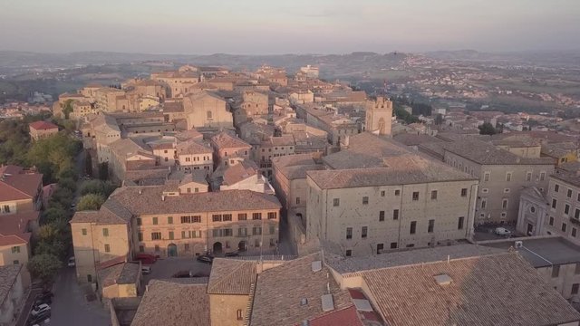 Aerial view of the municipality of Osimo, in the province of Ancona, in the Marche region, in Italy. The historic center with its walls, roofs, squares is a mountain tourist destination.