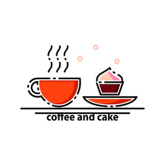 Coffee and cake outline vector illustration.