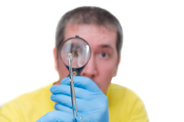 Man looking at mite through magnifier, isolated on white background
