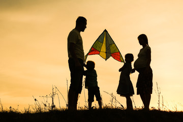 Happy family playing on nature summer silhouette