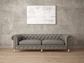 Mock up poster empty frame with comfortable sofa and hipster background.