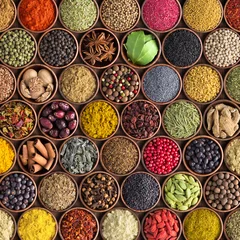 Fotobehang Kleurrijke specerijen en kruiden achtergrond. grote set kruiden in kopjes, bovenaanzicht © dmitr1ch