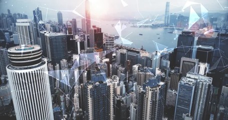 Modern cityscape and linking communication network in Hong Kong, communication concept. - Powered by Adobe