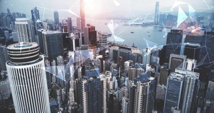 Modern cityscape and linking communication network in Hong Kong, communication concept.