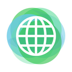 Outline globe icon above abstract green and blue circles