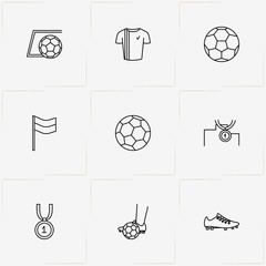 Fototapeta premium Football line icon set with soccer ball, soccer shoe and medal