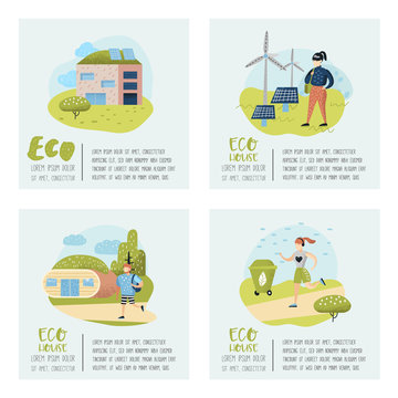 Green Town Poster Set. Environmental Conservation. Eco House Future Technologies For Preservation of the Planet. Alternative Energy Ecology Background. Vector illustration
