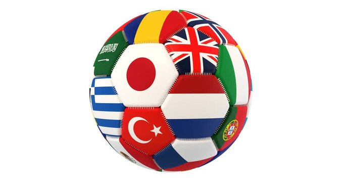 Soccer ball with flags rotating, 3D rendering isolated on white background