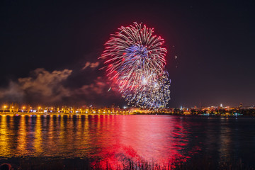 Firework over Voronezh river during celebration of Victory day anniversary festival