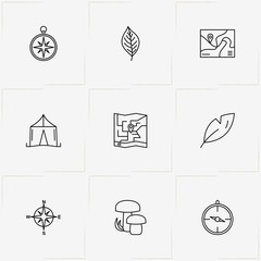 Forest line icon set with tent, compass and mushrooms - 207560104