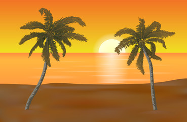 Vector summer beach landscape with yellow shaded sand and detailed palm trees in orange sunset.