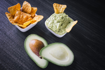 Avocado and guacamole dip with tortilla chips