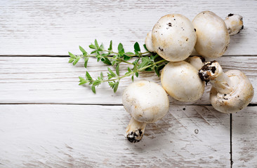 Champignon mushrooms and fresh oregano on white wood background. Top view