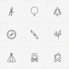 Forest line icon set with bonfire, compass and tree leaf