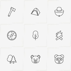 Forest line icon set with tree, farmer hat and camping tent - 207560756