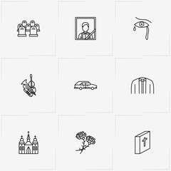 Funeral line icon set with funeral portrait , tears and priest dress