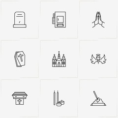 Funeral line icon set with coffin, crematory  and angel