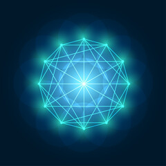 Vector illustration with line art. Abstract glowing geometric sacred geometry element on blue background. - obrazy, fototapety, plakaty