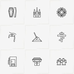Funeral line icon set with cemetery , tears and crematory