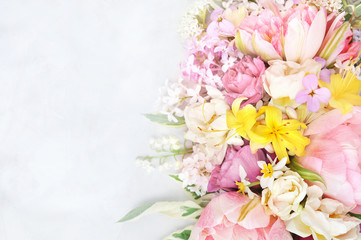 Fototapeta premium Delicate tulips on blooming spring flowers festive background, summer blossoming pastel and soft bouquet floral card, selective focus