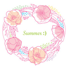 Vector round frame with outline Poppy flower bunch, bud, leaves and stripes in pastel pink and blue colored isolated on white background. Ornate contour poppies for funny summer design.