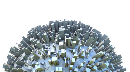 Abstract hemisphere of 3d sci-fi planet covered by simple box like skyscraper city buildings. Business or environmental concept illustration.
