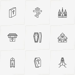 Funeral line icon set with cross, church  and coffin