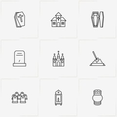 Funeral line icon set with coffin, interment and urn for ashes