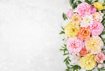 Summer blossoming delicate rose on blooming flowers festive background, pastel and soft bouquet floral card, selective focus