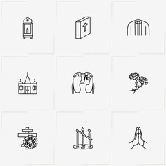 Funeral line icon set with church , tombstone and priest dress