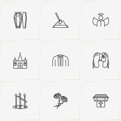 Funeral line icon set with church candles, interment and church
