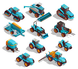 Agricultural Machines Isometric Icons Set