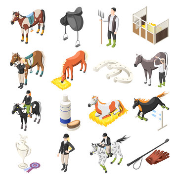 Horse Riding Isometric Icons Set 
