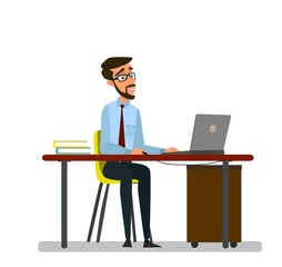 Happy businessman working on a personal computer, sitting on a brown leather chair behind the office desk.