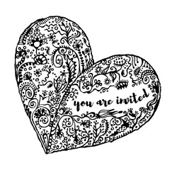 Zentangle hand drawn heart, text You Are Invited.
