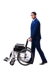Fototapeta na wymiar Businessman with wheelchair isolated on white background
