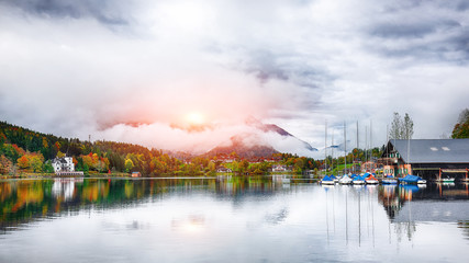 Naklejka premium Misty morning on the lake Grundlsee Alps Austria Europe