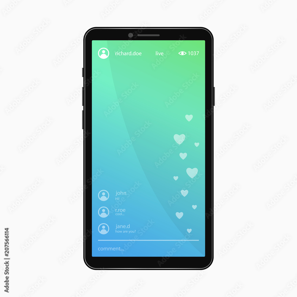 Poster Live video streaming page. Template of smartphone with live video chat app on screen. Vector illustration.