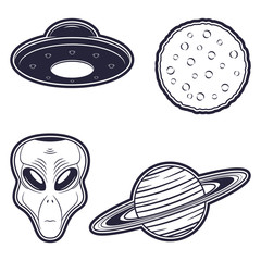Alien, UFO, moon and planet. Set of badge and stickers print design in monochrome style on cosmos theme. Vector.