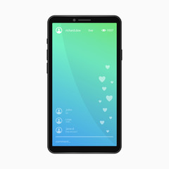 Live video streaming page. Template of smartphone with live video chat app on screen. Vector illustration.