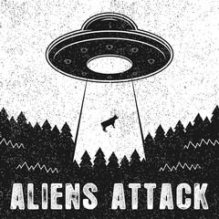 UFO abducts cow. Vintage illustration of Aliens Attack with spaceship and UFO light ray to Earth. Vector. © Roman