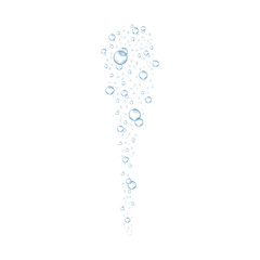 Underwater air bubbles flow. Realistic fizzing oxygen bubbles under water. Fizzy drink or champagne gas isolated on white background. Vector.