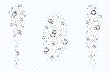 Underwater air bubbles flow set isolated on transparent background. Realistic fizzing oxygen bubbles under water. Fizzy drink or champagne gas. Vector.