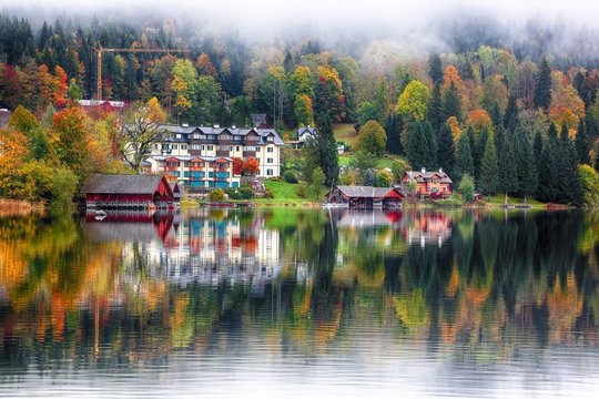 Misty morning on the lake Altausseer See Alps Austria Europe