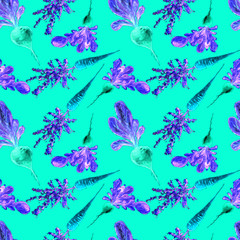 Watercolor Vegan Pattern. Seamless Hand Drawn  Vegetables. Healthy Food Print. Gardening Background. Greenery Repeatable Design for Menu, Restaurant, Salat Bar, Farmers Market. Redish, carrot, beet.